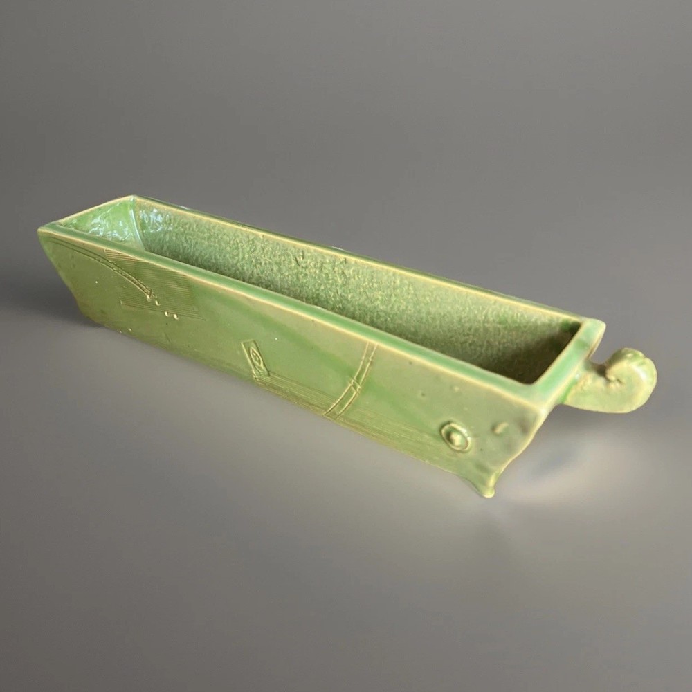 Handmade Studio Pottery Rectangular Dish Green Glazed Ceramic Tray With Handles