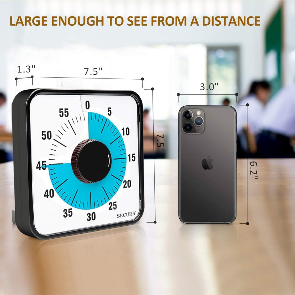 Secura 60-Minute Visual Countdown Timer, 7.5-Inch Oversize Classroom Visual Time