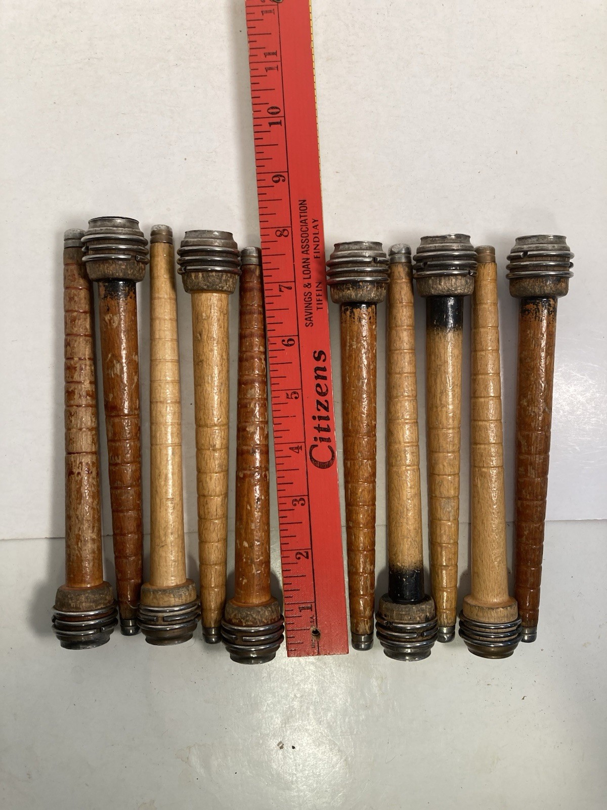 Wood Bobbins, 7.75" with METAL HEAD, Reclaimed Textile, quills - lot of 10
