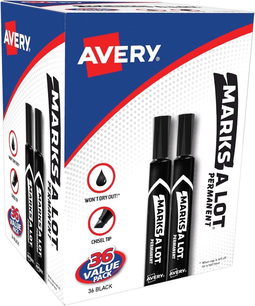 Marks-A-Lot Large Desk-Style Chisel Tip, Value Pack 36 Black Permanent Markers