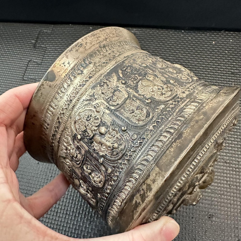 Antique Tin Burmese Betel Ornate Silver Plate Lidded Box Asian Figural 4"