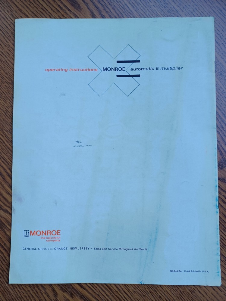 Vintage 1966 Operation Instructions Monroe Automatic E Multiplier Model 111E116