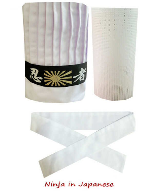 Hibachi chef tall hat set, hibachi chef hat set, Ninja headband, necktie, net