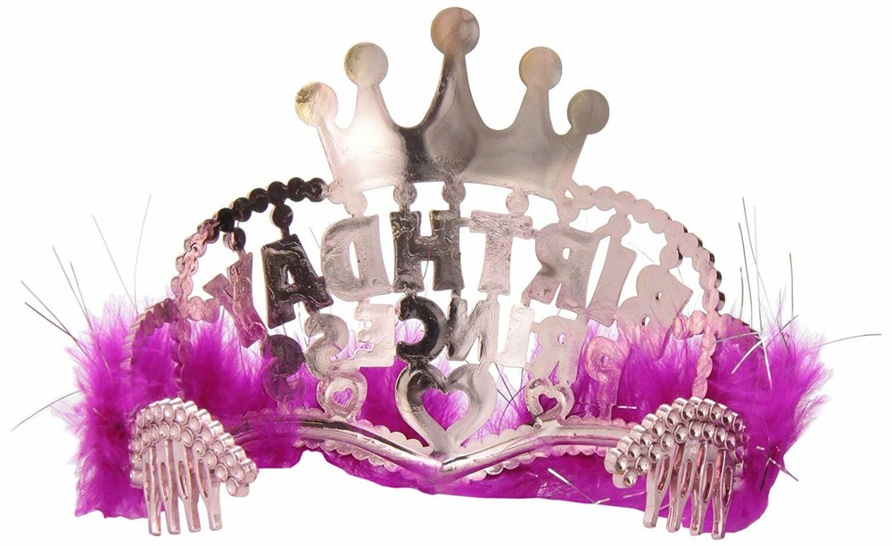 Birthday Princess Tiara with Marabou Pink Feathers