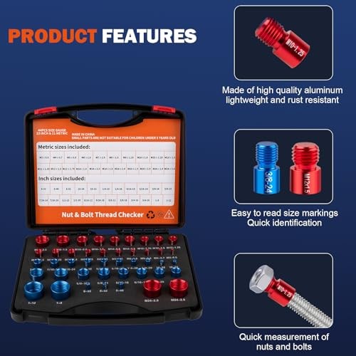Thread Checker Set, 44 PCS Thread Gauges with 23 SAE Inch & 21 Metric Sizes,