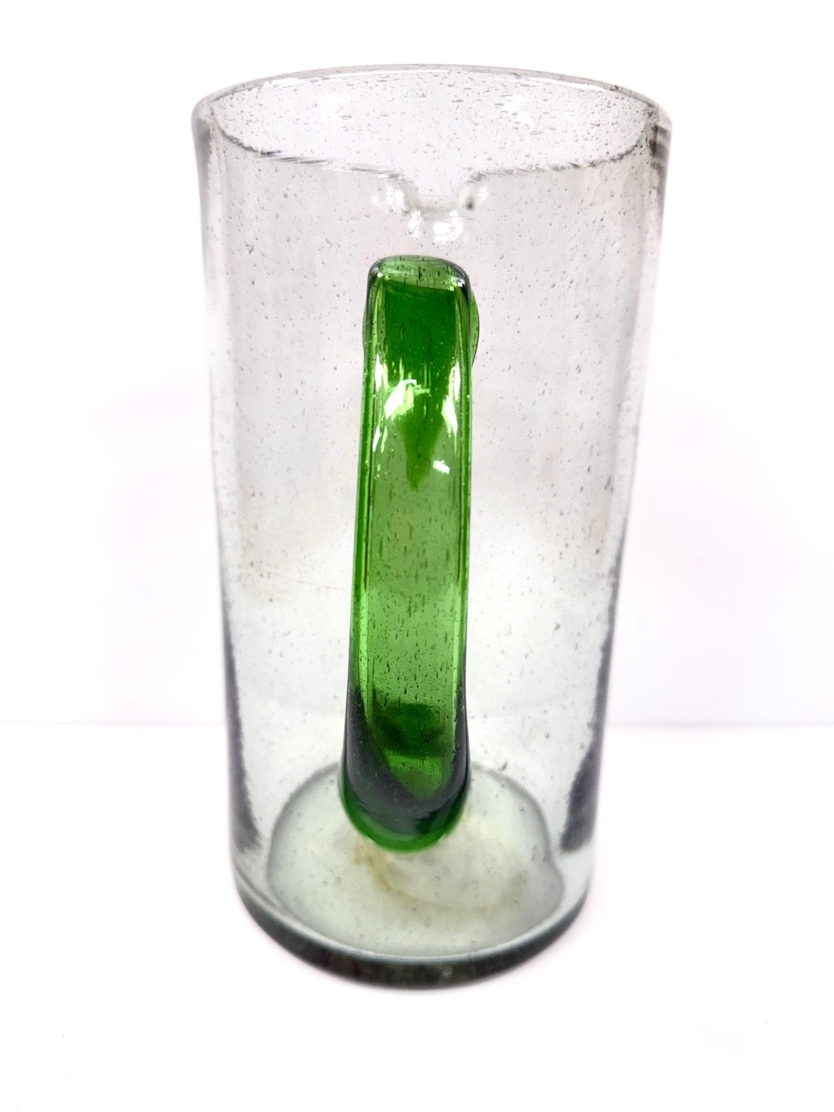 Recycled Art Glass Mexican Hand Blown Margarita Pitcher Green Handle Bubbles