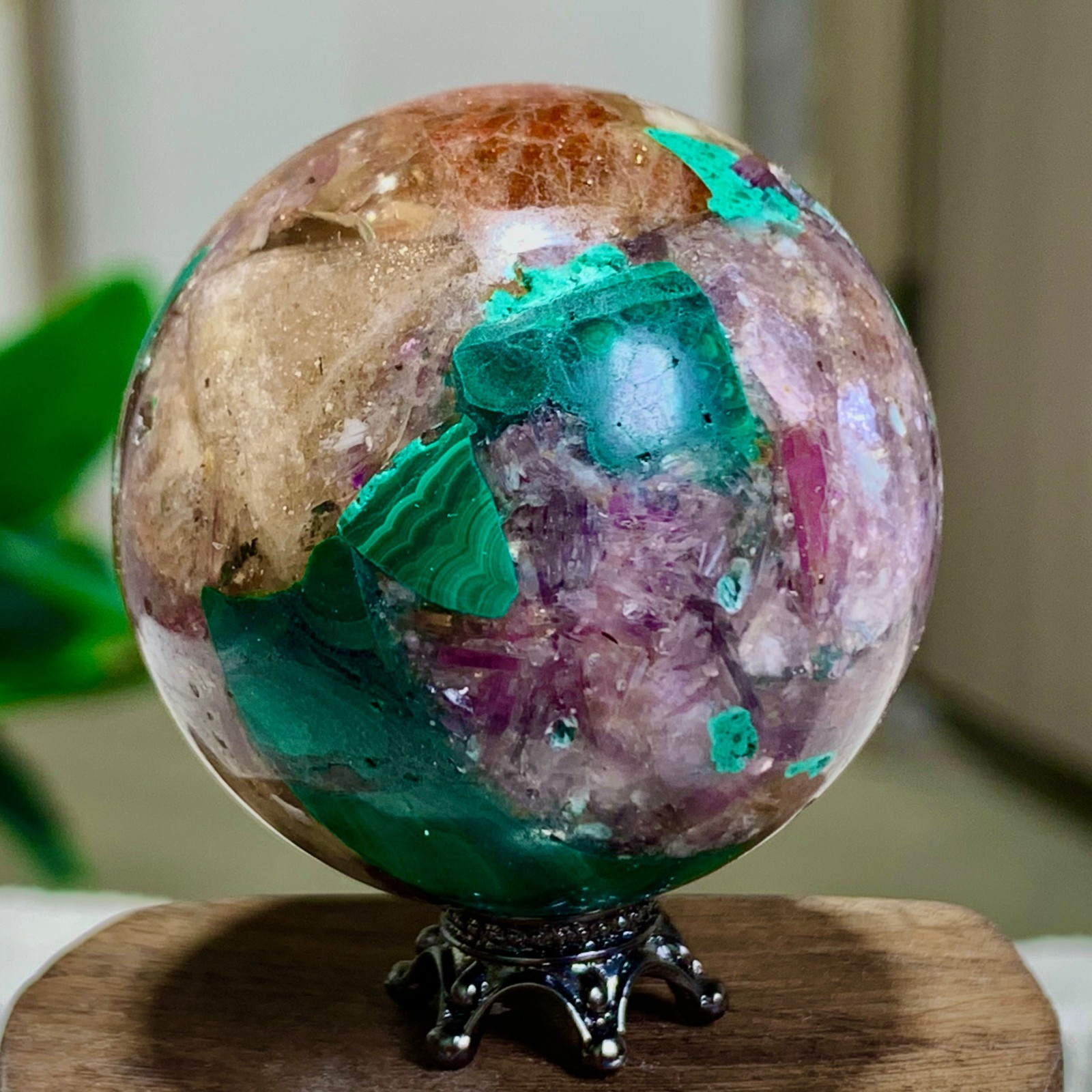 102G Newly discovered rare malachite purple mica symbiotic sphere restoration