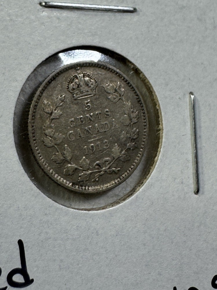 1913 Canada 5 Cents Small Silver Coin Cleaned