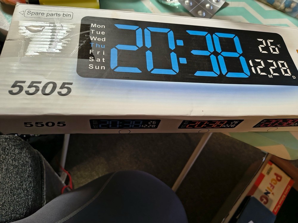 Digital Wall Clock 5505 Large Display Temperature Black Blue Hanging