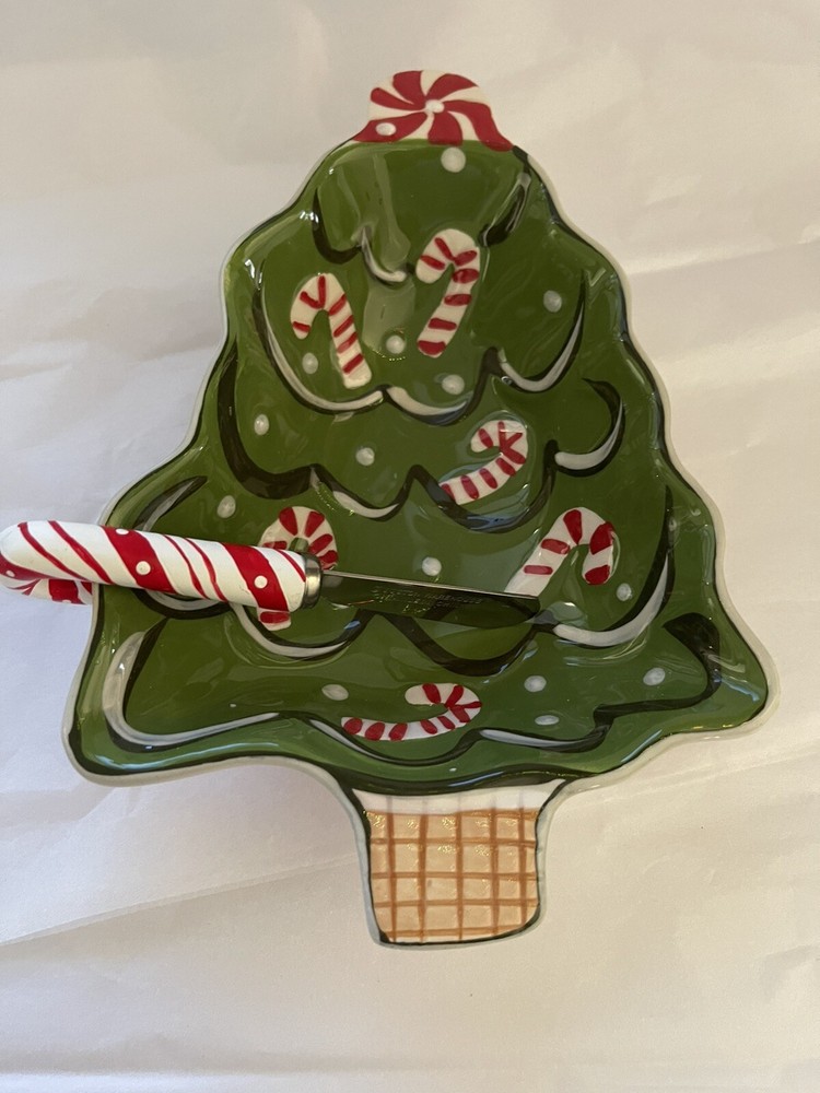 Boston Warehouse Dip Bowl & Spreader Set Candy Canes Christmas Tree