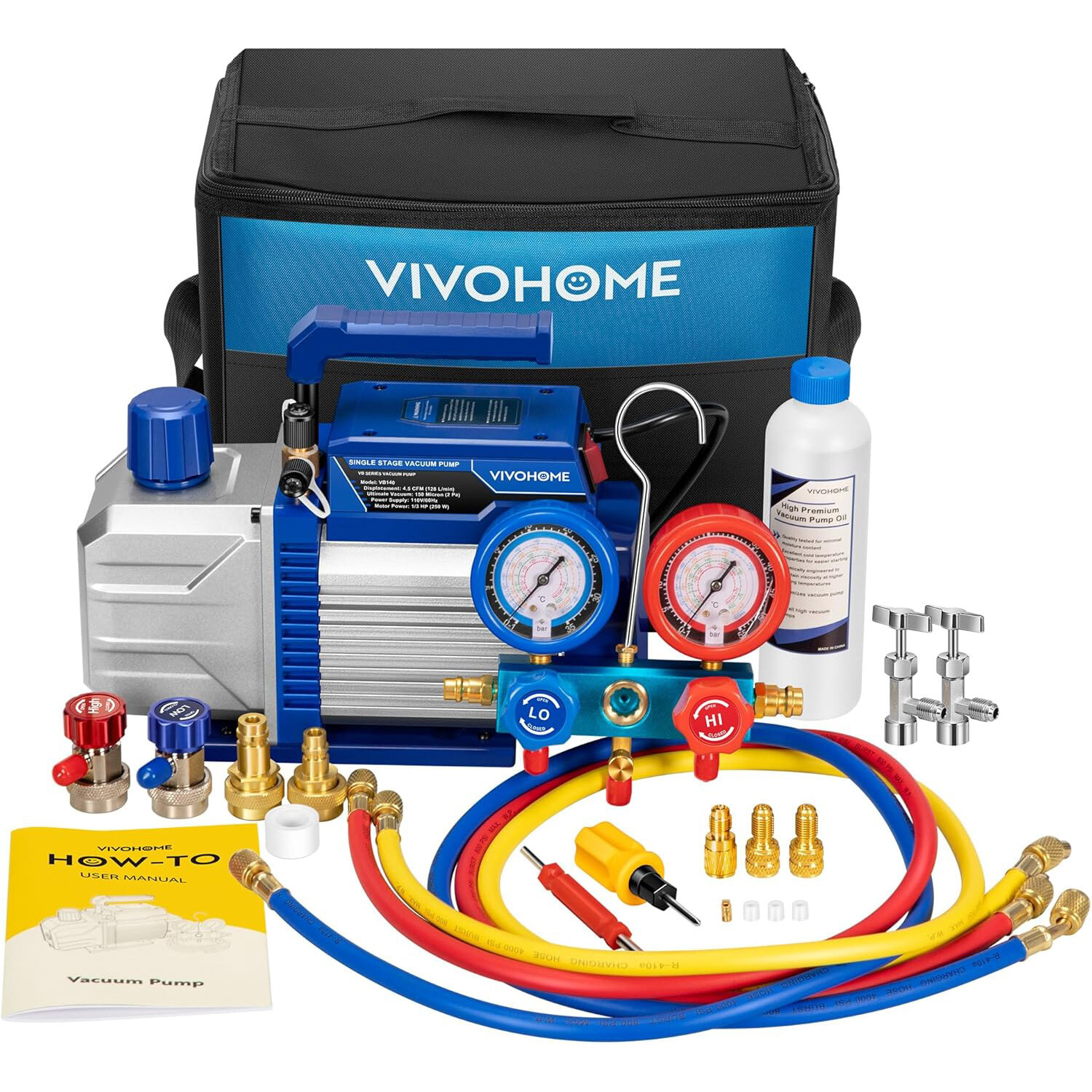 4.5 CFM AC Vacuum Pump & 3 Way Manifold Gauge Set R1234yf R134a R410a 110V