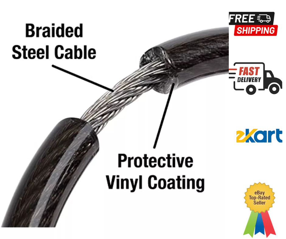 Black Python Bike Lock with Key Metal Cable Lock has a Weather Resistant 6 Ft...