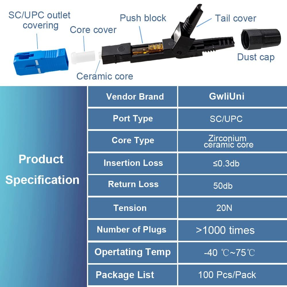 100 Pcs SC Fiber Optical Fast Cold Connector, Single Mode Quick Assembly Adap...