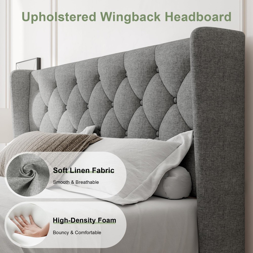 Stylish Full Size Bed Frame with Upholstered Wingback Headboard - Light Gray