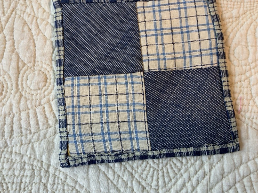 Antique Vintage Patchwork Quilt Table Topper, Small, Four Patch, Blue, White