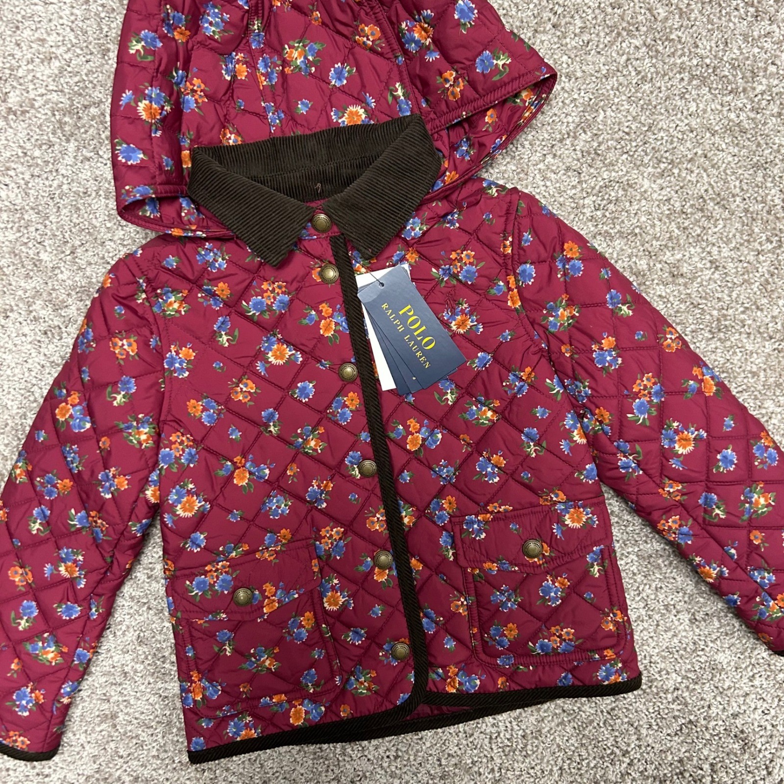 NWT Polo Ralph Lauren Water Repellent Barn Jacket Floral Girls 5 Corduroy Trim
