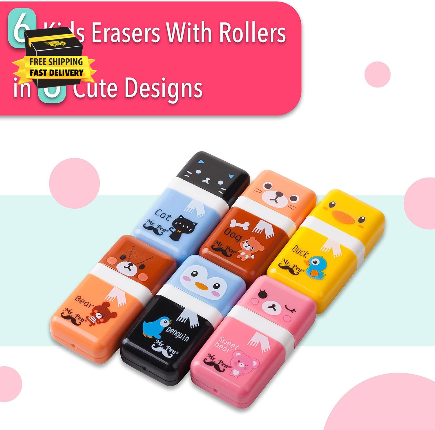 - Eraser with Cover and Roller, 6 Pack, Animal Theme, Cute Erasers for Kids ⭐️⭐️
