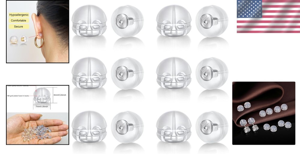 12-Piece White Gold Silicone Earring Backs - Hypoallergenic & Replacements