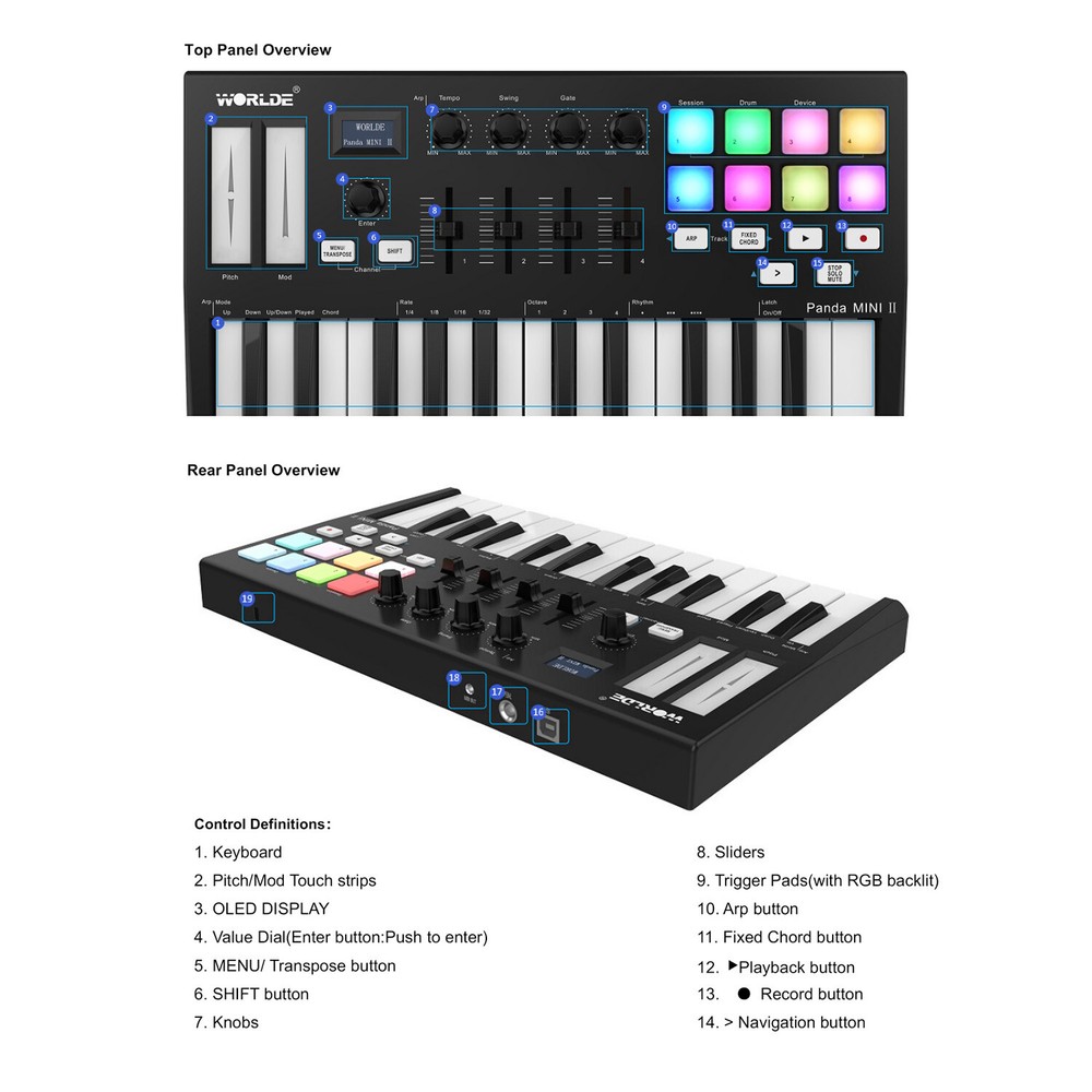 WORLDE Panda MINI II Portable 25-Key USB MIDI Keyboard Controller with Backlit