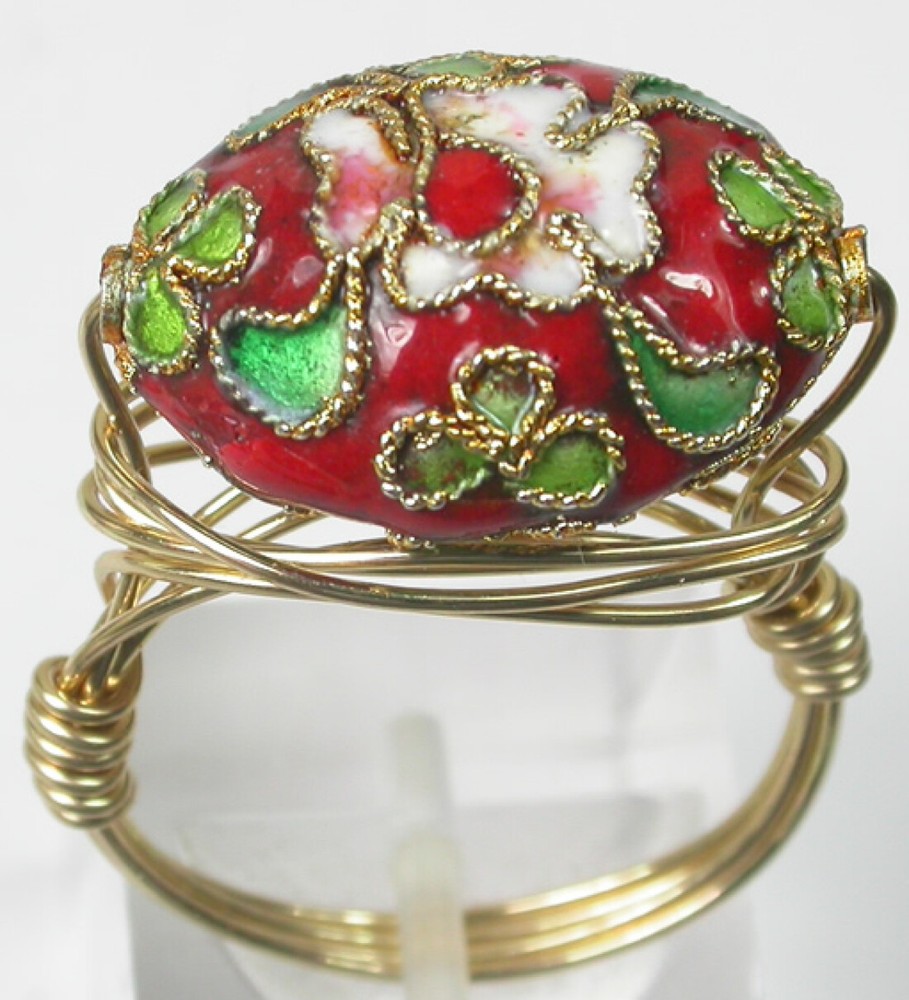 Wire Wrapped Red Floral Cloisonne Ring Handcrafted