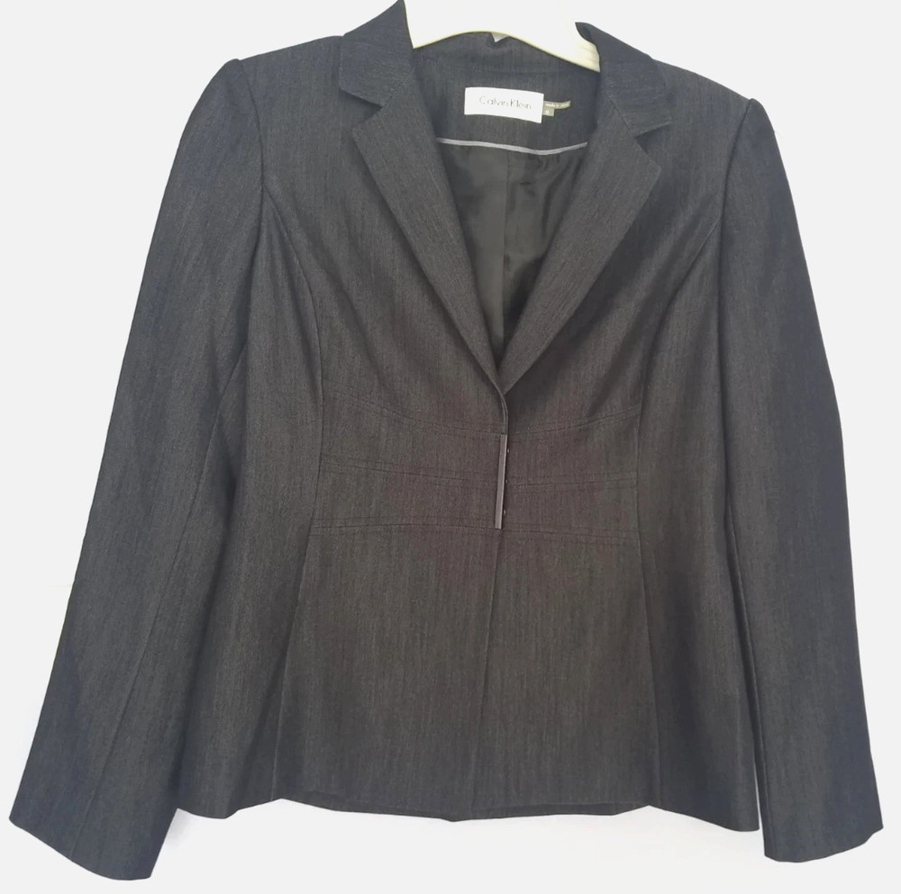 Calvin Klein Stretch Lined Snap Front Long Sleeve Grey Blazer Work Jacket Size 8