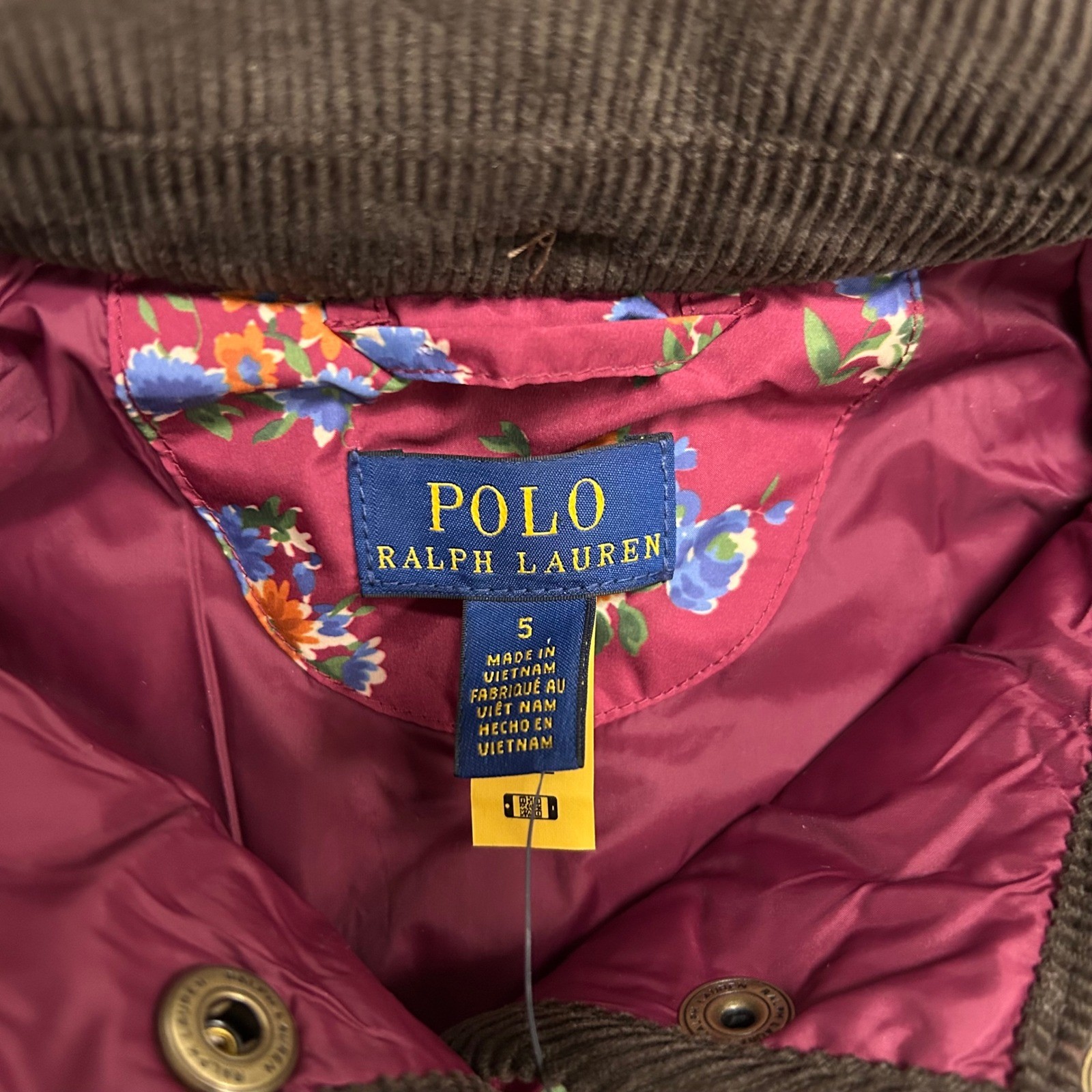 NWT Polo Ralph Lauren Water Repellent Barn Jacket Floral Girls 5 Corduroy Trim