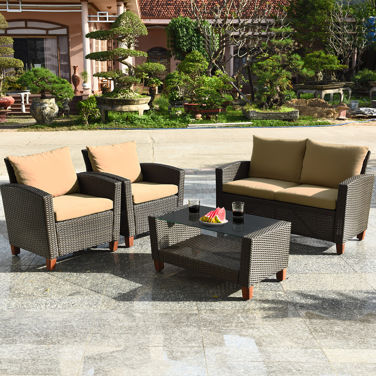 4PCS Patio Rattan Furniture Set Solid Wood Leg Cushioned Sofa Garden Lawn