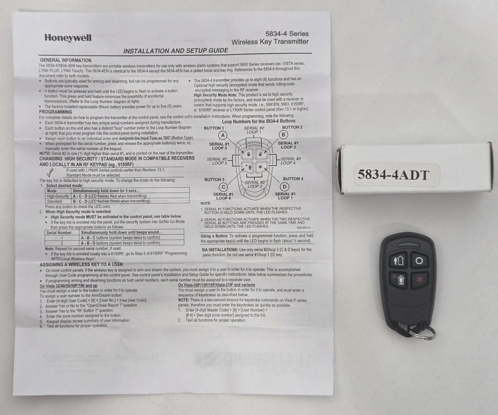 New 5834-4ADT - Honeywell 4-Button Keyfob / Wireless Remote