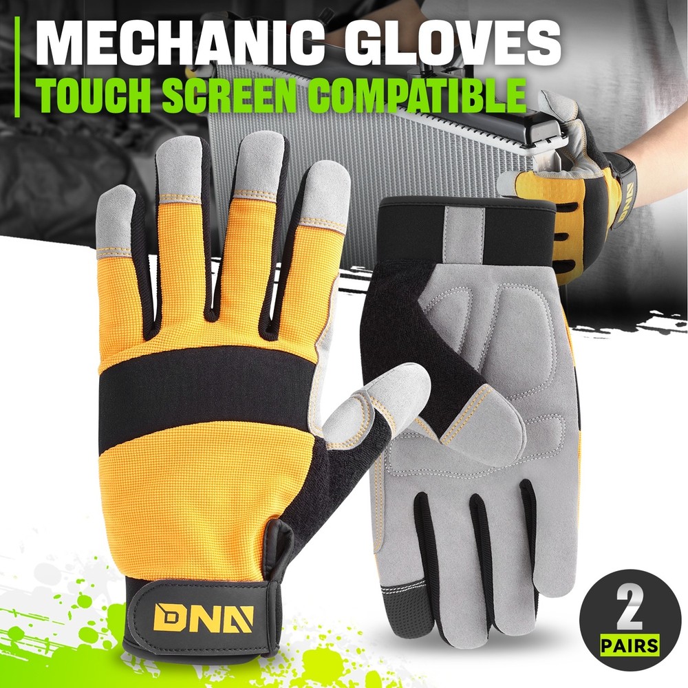 2 Pair Gray/Yellow Flexible Universal Multi-Purpose Utility Mechanic Work Gloves