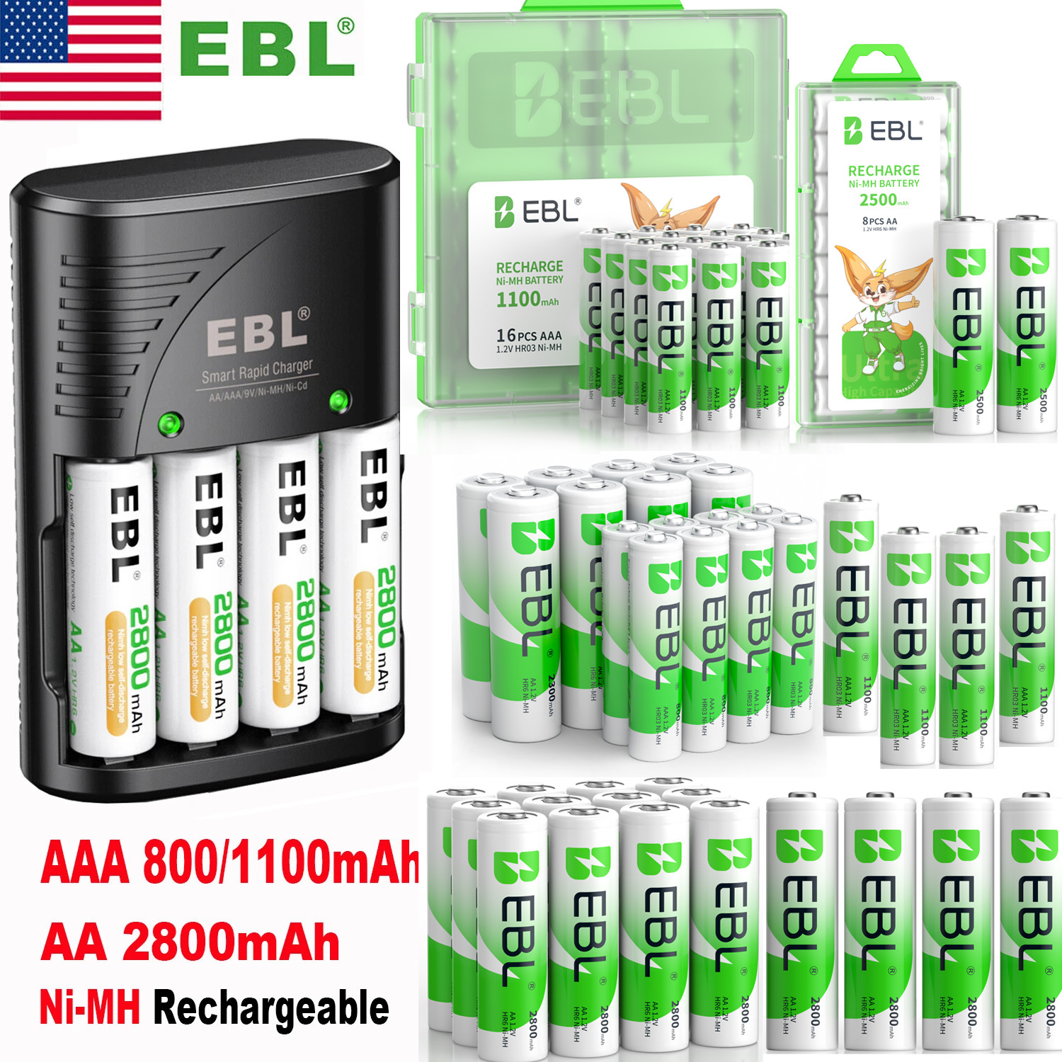 Lot AA AAA Rechargeable Batteries 2800mah 1100mAh 800mAh , Optional Charger