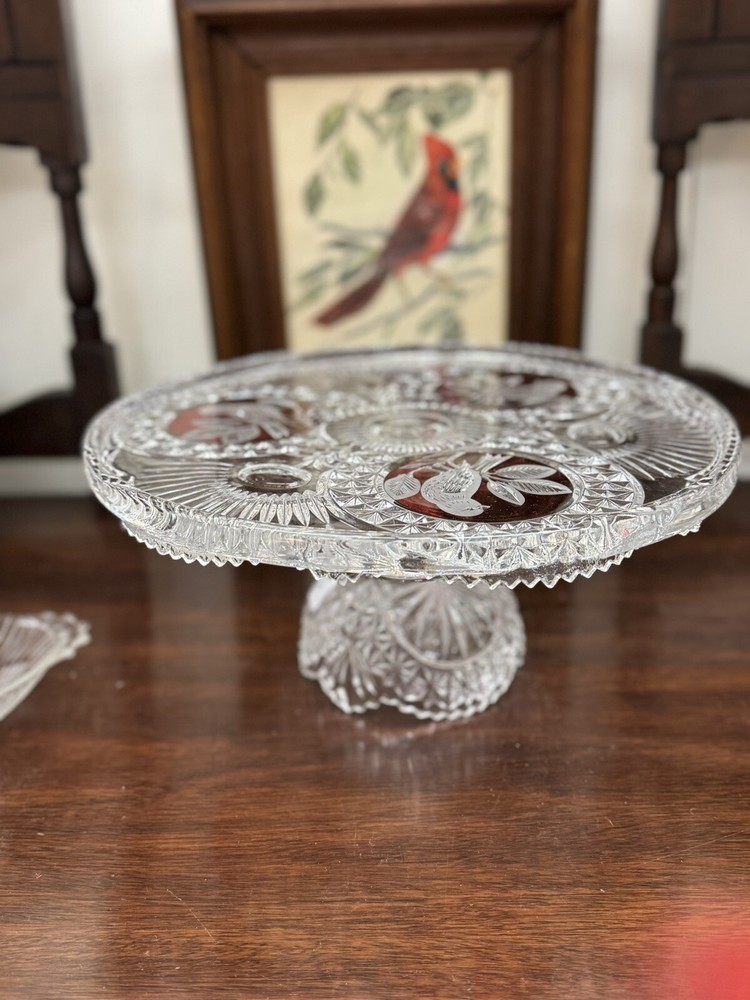 Vintage Hofbauer Crystal Cut Ruby Byrdes Cake Stand Plate Platter Germany