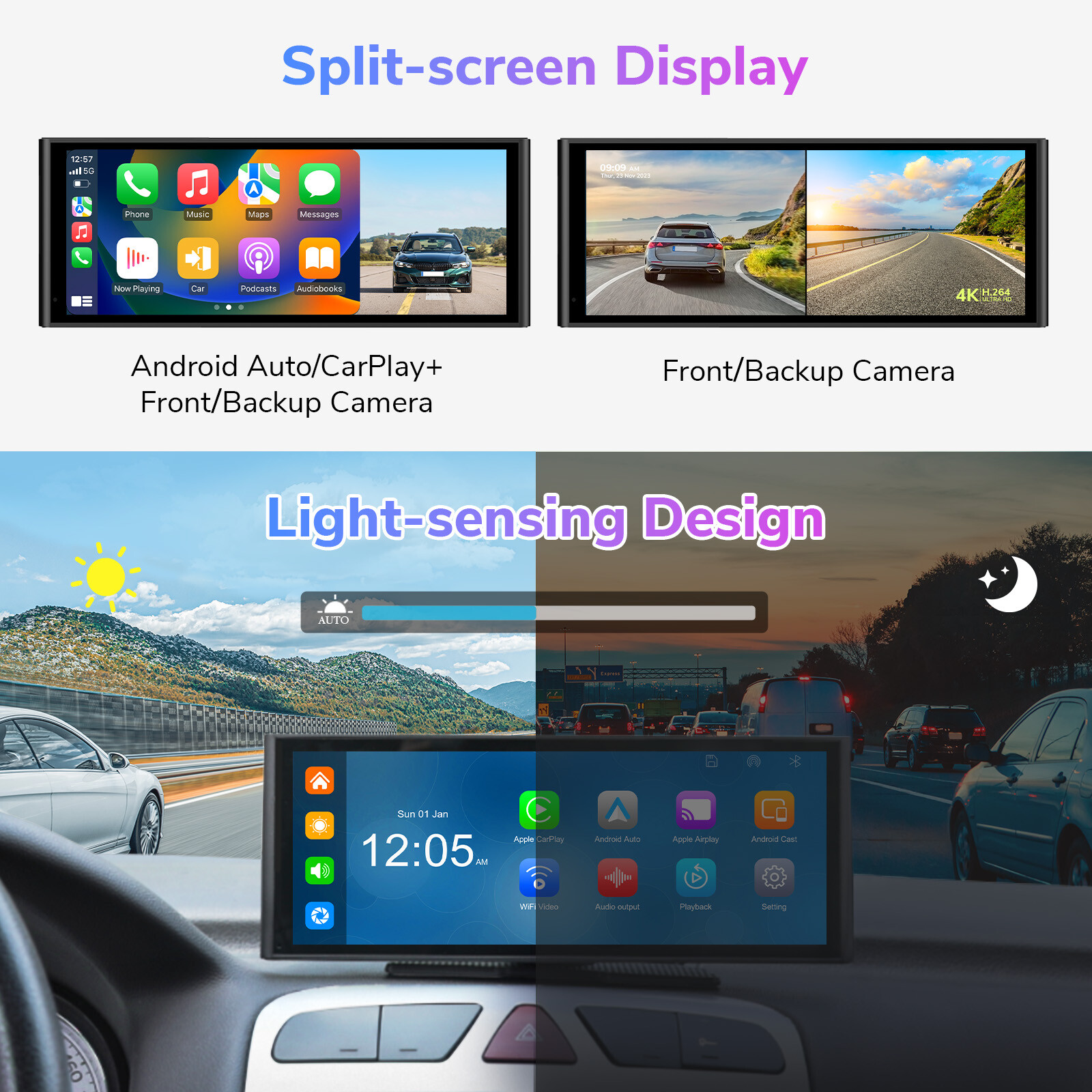 Portable 4K Dash Cam Car Stereo Radio Wireless Apple Carplay & Android Auto +Cam