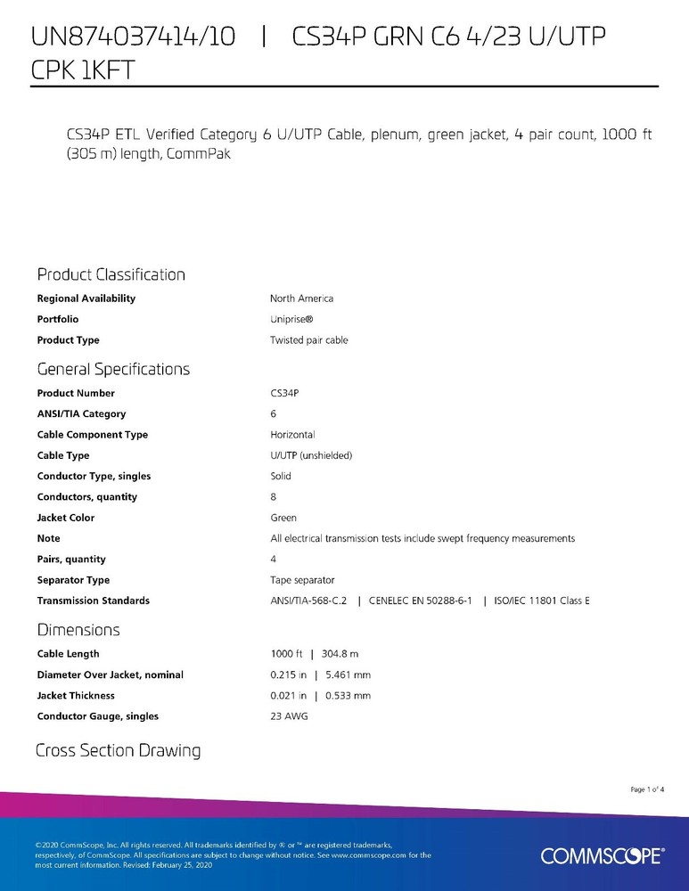 Commscope CS34P 23/4P Cat6 U/UTP WebTrak Plenum CMP Network Cable Green /100ft