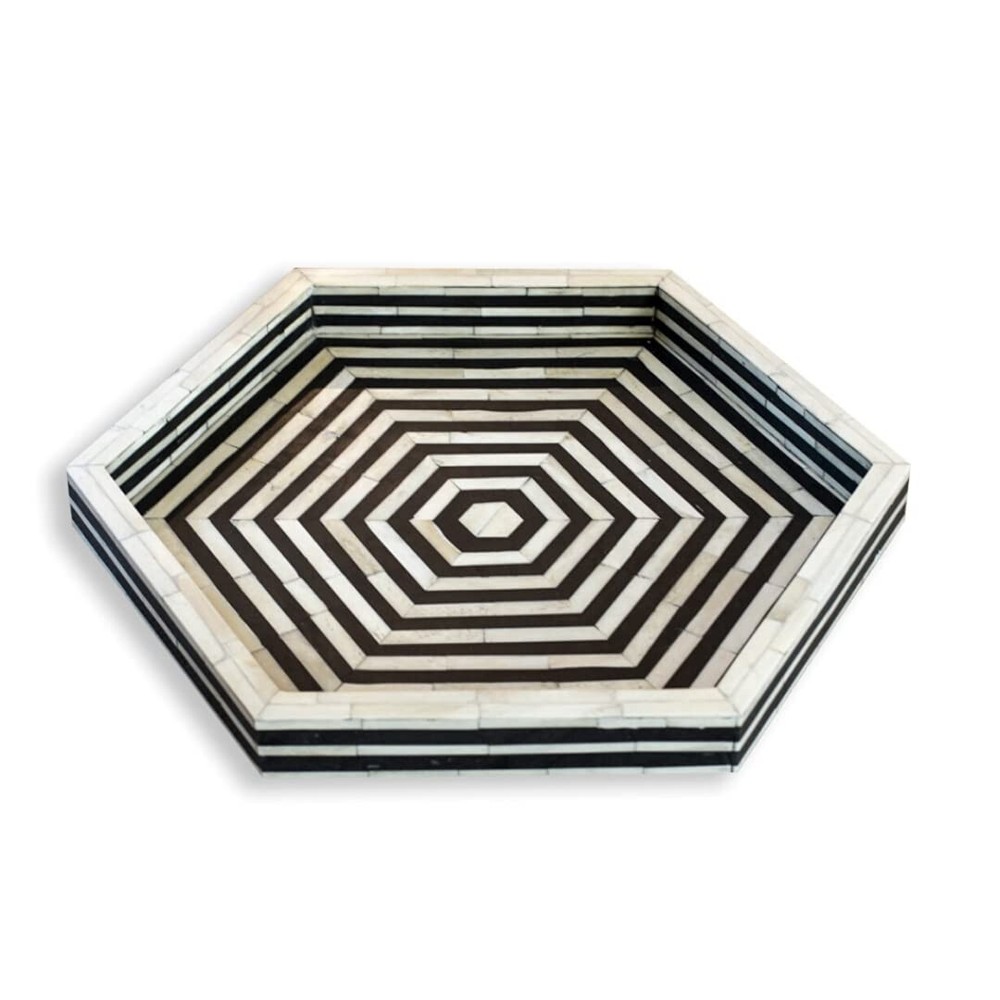 Handcrafted Hexagon Black &White Ottoman Bone Inlay Stripes Pattern Serving Tray