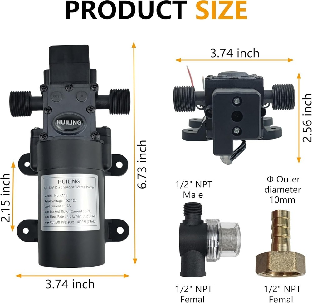 DC 12V Diaphragm Pump, Self-Priming Pump with Filter Quick Connection Termina...