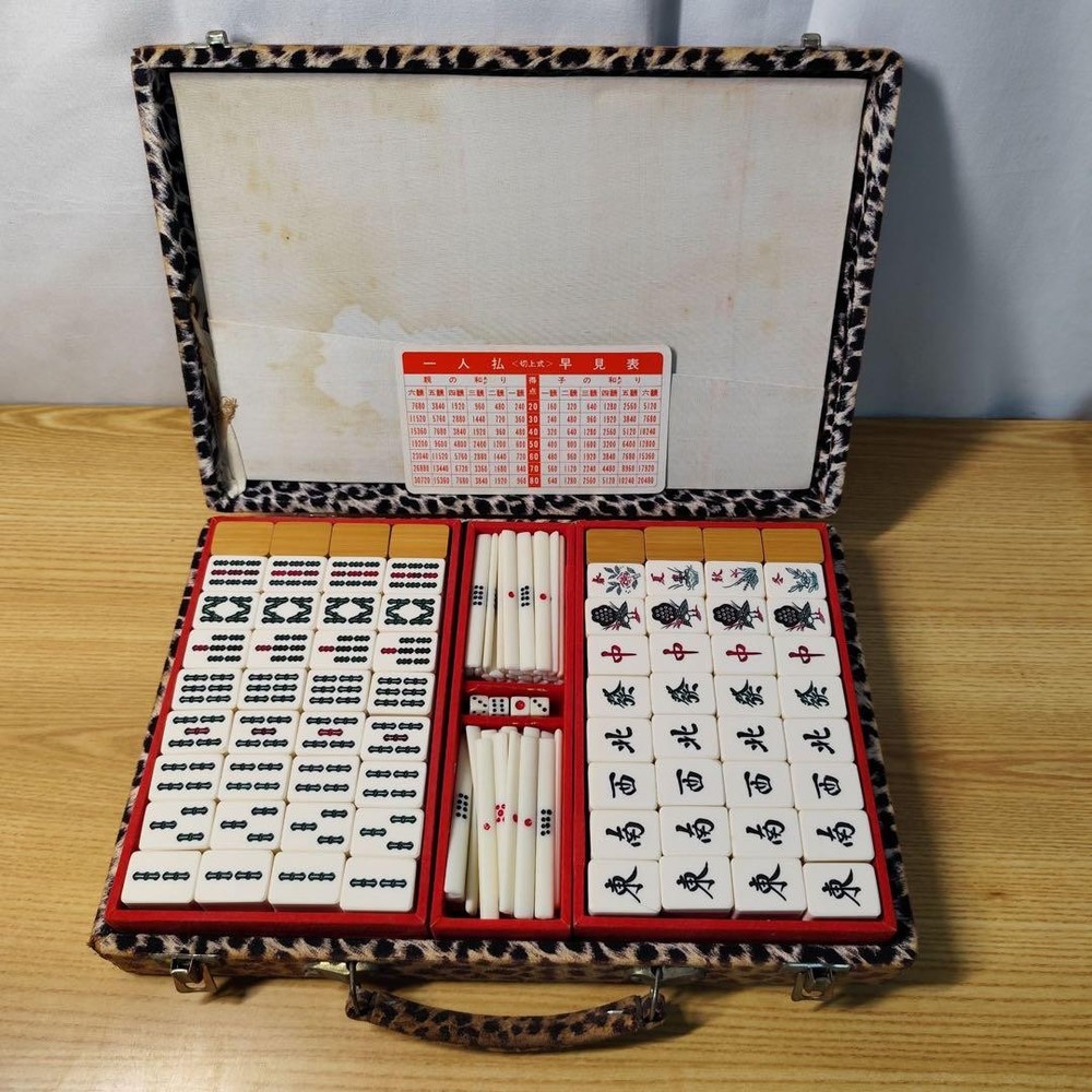 Mahjong tile set in leopard print case
