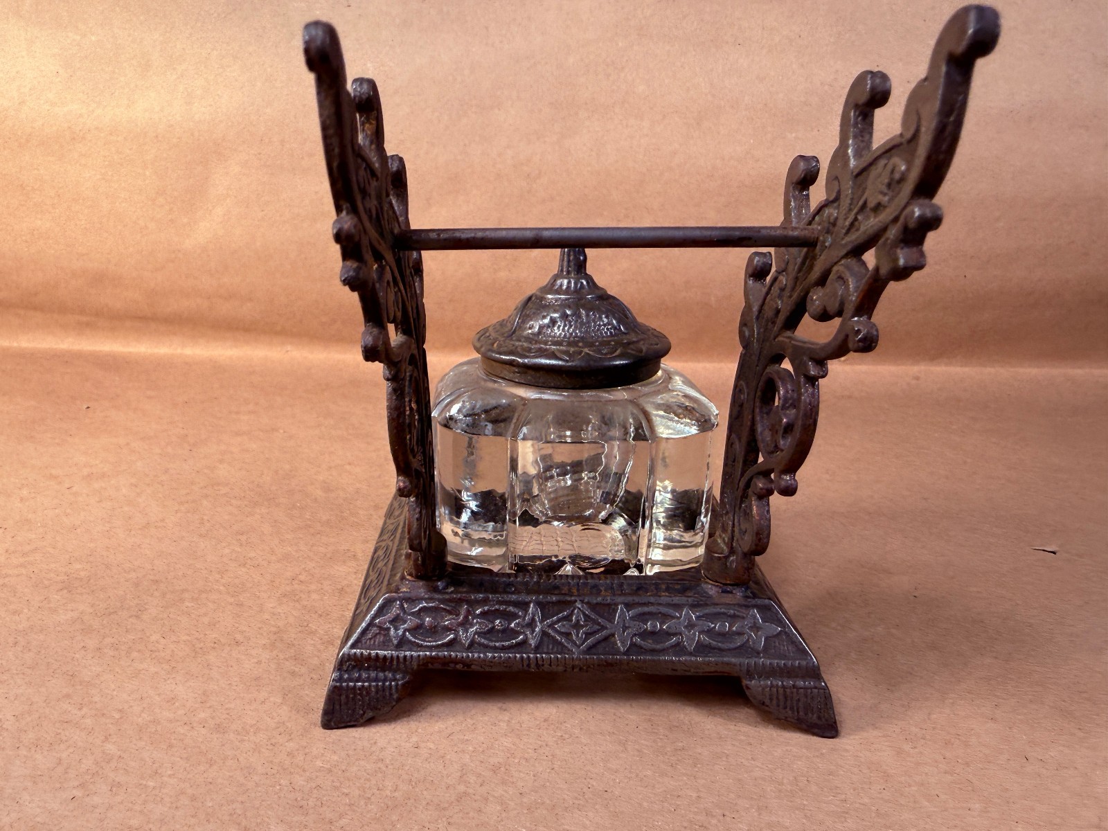 Antique Victorian Cast Iron Inkwell and Pen Holder with Glass Inkwell