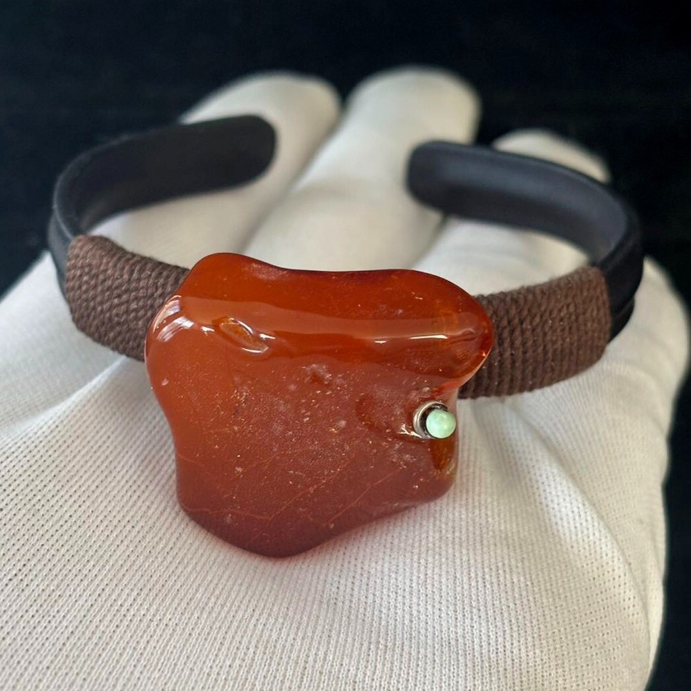 Wine Red Natural Baltic Amber Cuff Bracelet, Leather Bangle Size adjustable