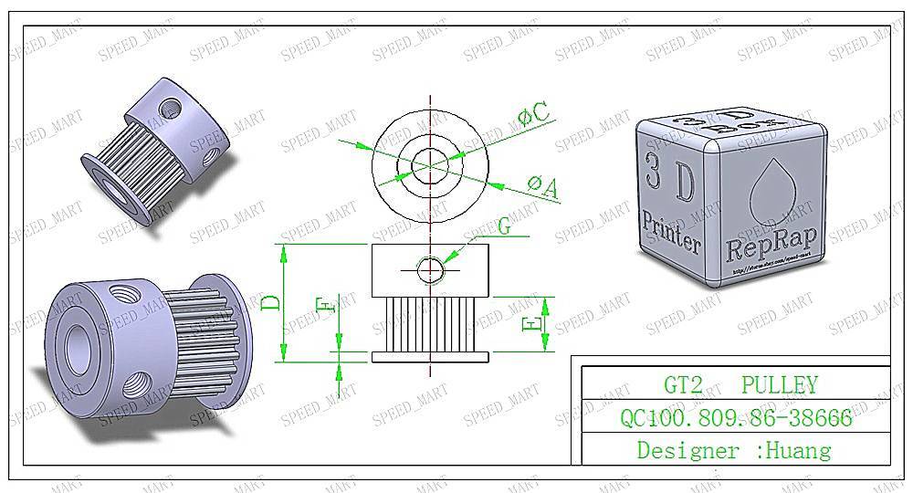 2 x GT2 Timing Pulley 6.35mm Bore 10mm width & 2m Belt for RepRap 3D Printer