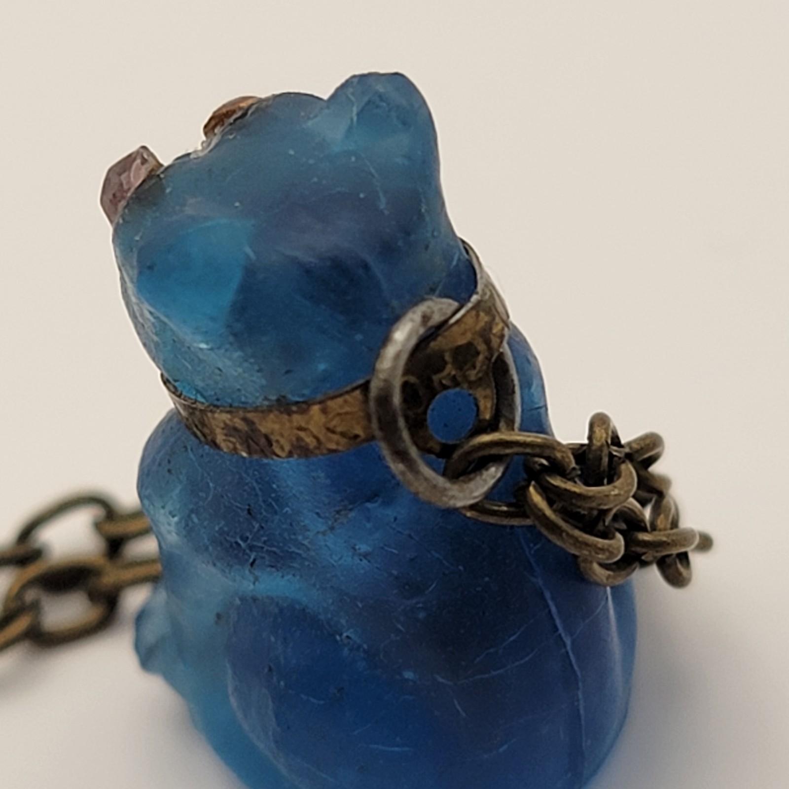 Antique Blue Glass Czech Cracker Jack Prize Bulldog With Chain