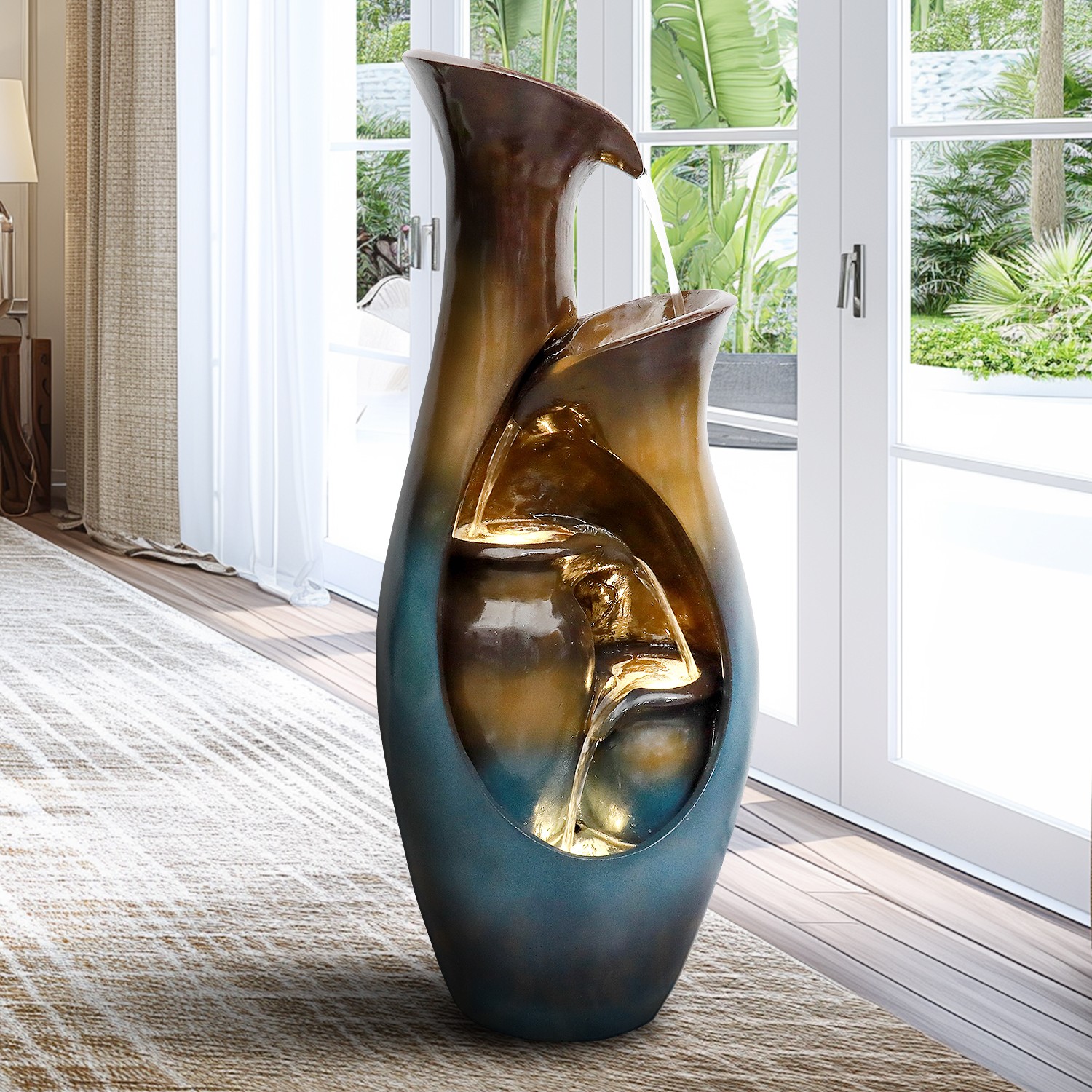 Used Faux Stone Tiered Cascading Water Fountain with LED Lights