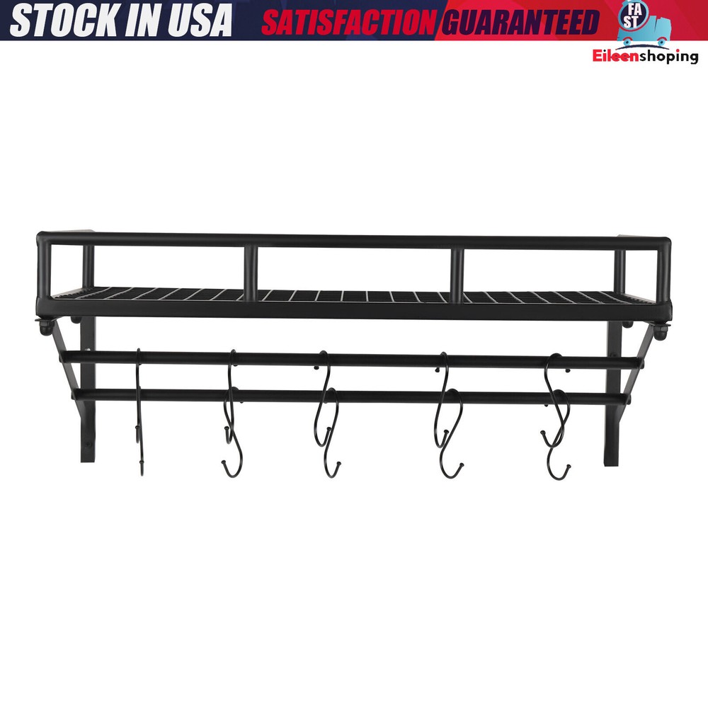 Kitchen Wall Mounted Storage Shelf Cookware Pan Pot Organizer Rack with 10 Hooks