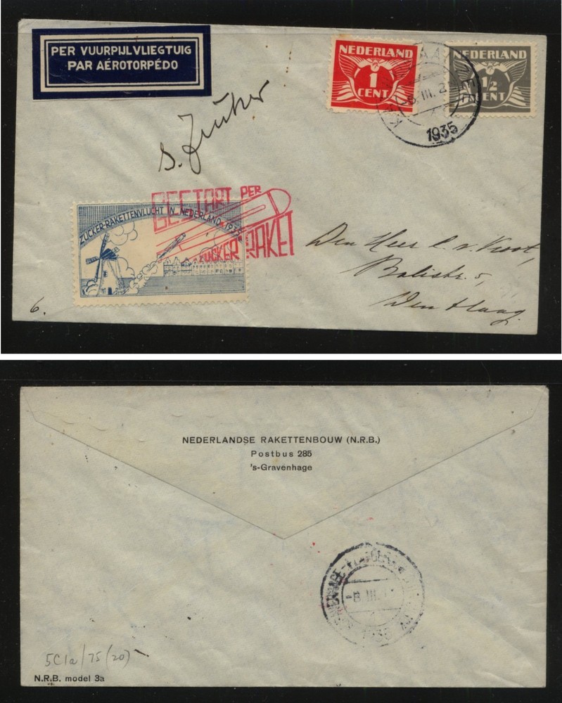 Netherlands  nice rocket flight cover, perf rocket stamp, signed 1935    MS0121