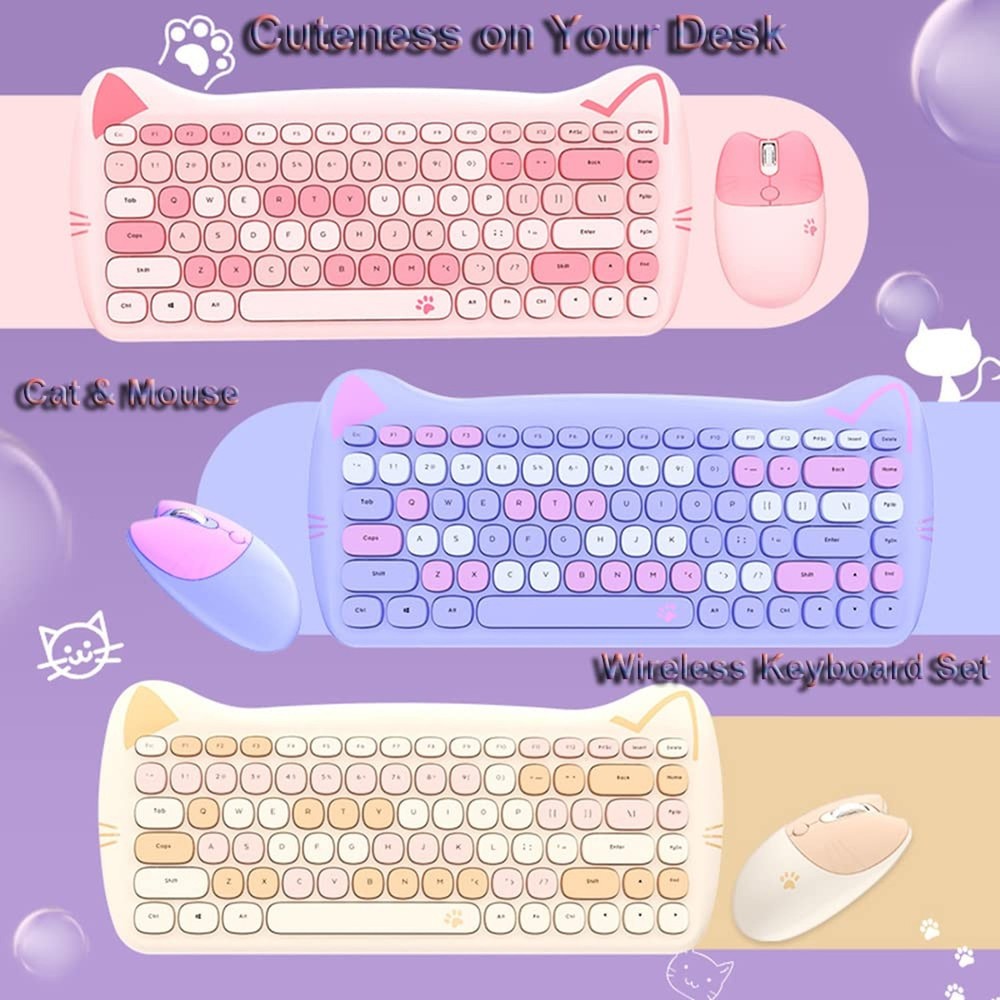 Wireless Mouse and Keyboard, Cute Cat Keyboard Mouse Combo for present,2.4G C...