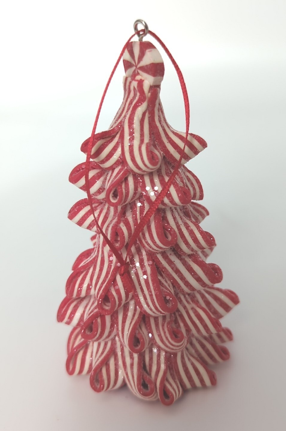 Christmas Peppermint Candy Cane Ribbon Tree Holiday Ornament 4.5" Icy Sparkling
