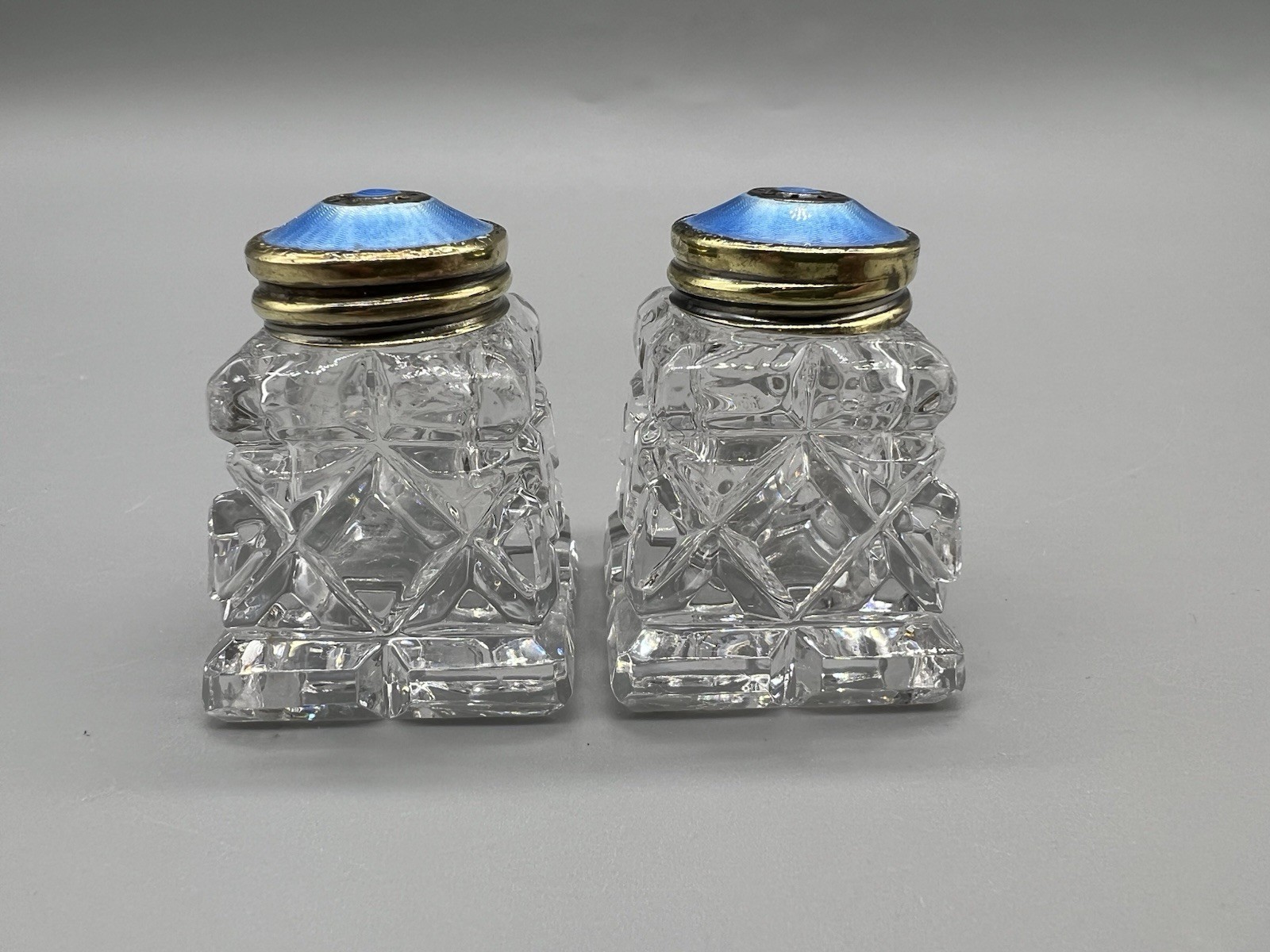 2 VTG Norway Sterling Silver Blue Guilloche Lids & Glass Salt Pepper Shakers