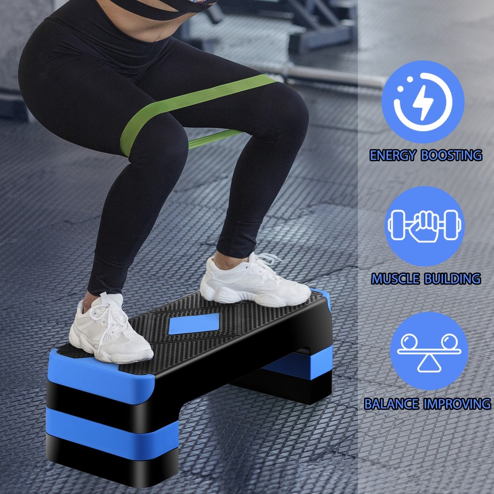 Aerobic Step Platform Exercise Step Adjustable Height 4"-6''-8' w/4 Risers Blue