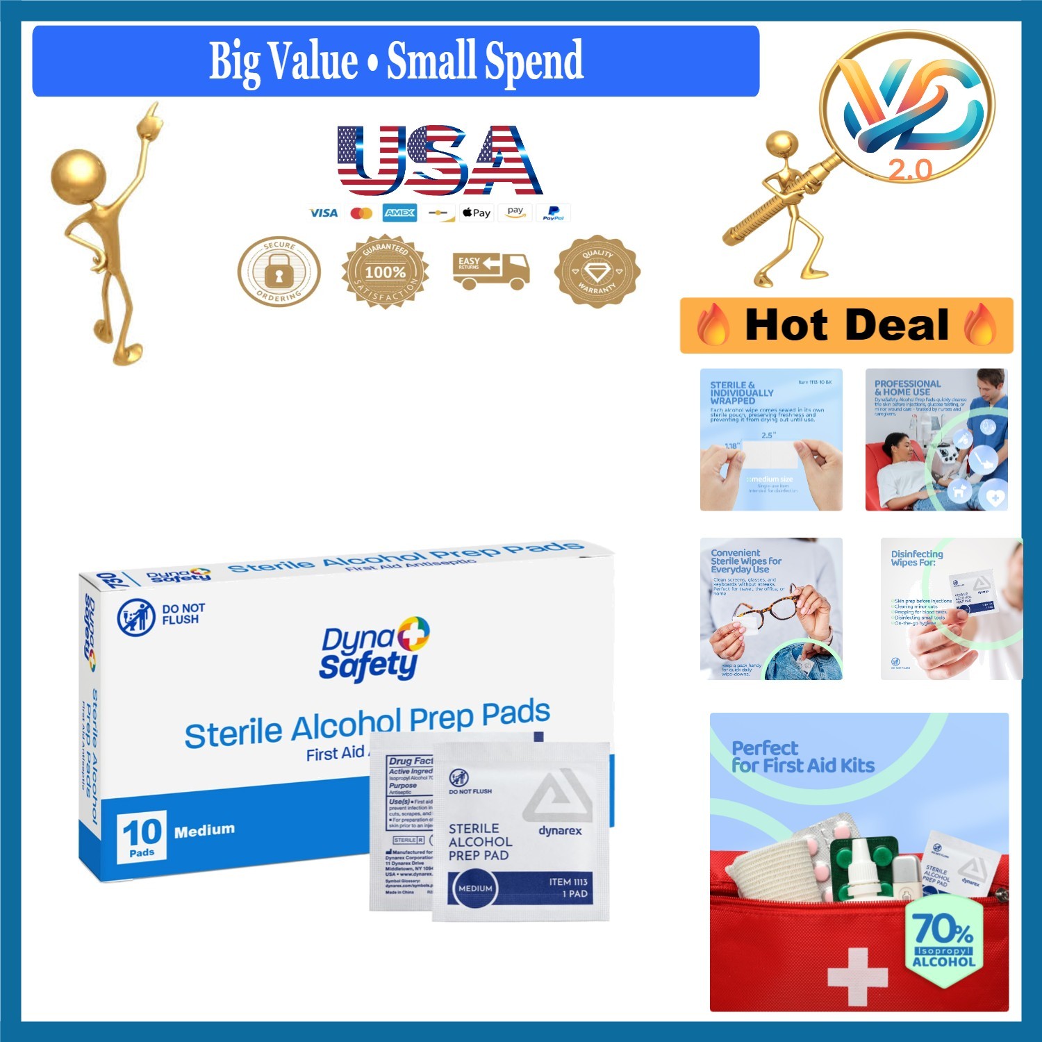 DynaSafety Sterile Alcohol Prep Pads 70% Isopropyl Individually Wrapped 10 Pack