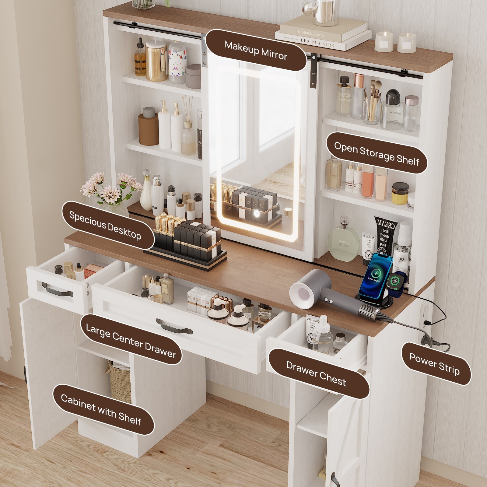 Vanity Desk with Mirror LED Lighted Makeup Vanity Table w/Stool Dressing Table