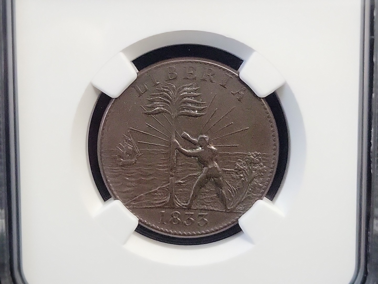 1833 Liberia Cent CH-1 Small Ship 15 Rays Wide AD NGC AU Detail Cleaned See Pics